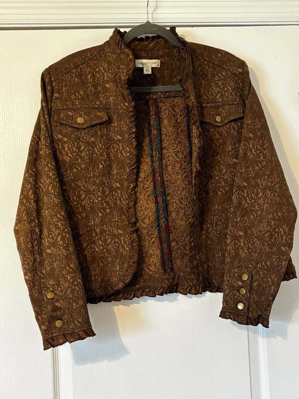 Coldwater Creek Brown Floral Jacquard Ruffle Trim Jacket Size L